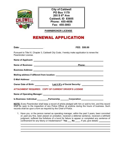First page of the Pawnbroker License Renewal Application