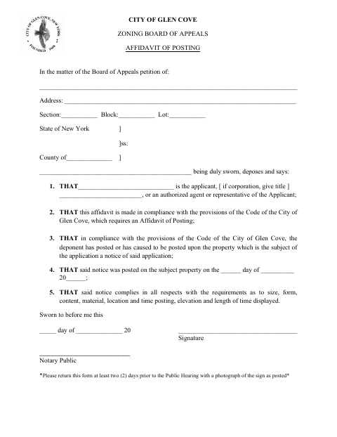 First page of the Zoning Board of Appeals Affidavit of Posting