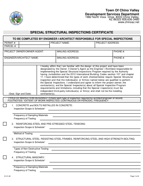 First page of the Special Structural Inspections Certificate