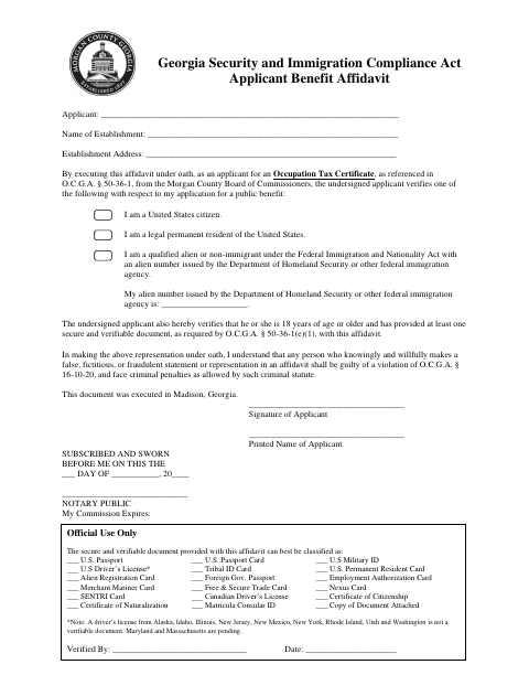 First page of the Occupation Tax Applicant Benefit Affidavit