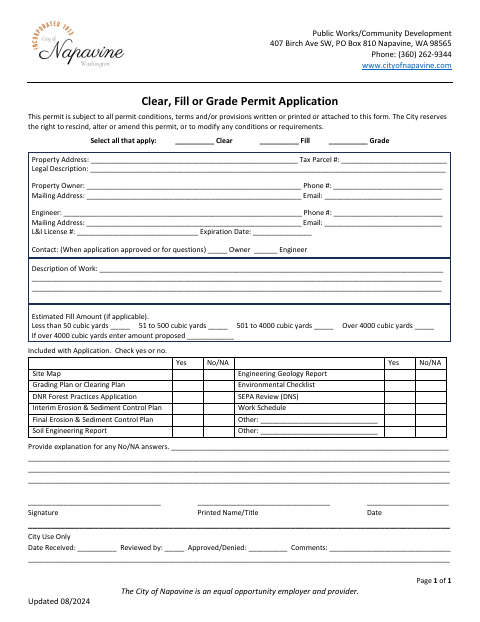 First page of the Clear, Fill or Grade Permit Application