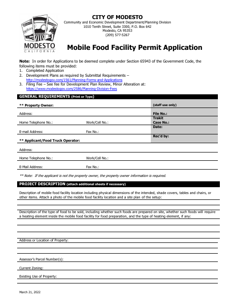 First page of the Mobile Food Facility Permit Application