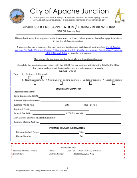 First page of the Business License Application / Zoning Review Form
