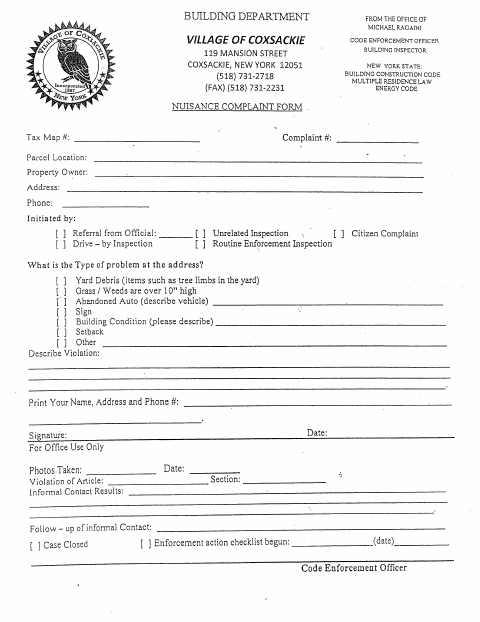 First page of the Nuisance Complaint Form