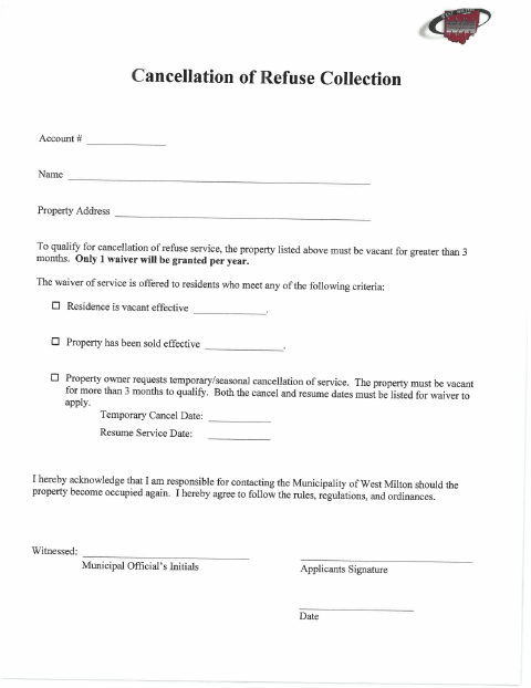 First page of the Cancellation of Refuse Collection