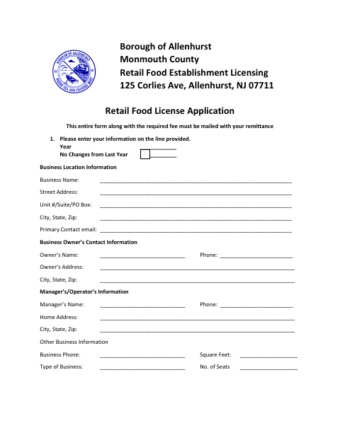 First page of the Retail Food License Application