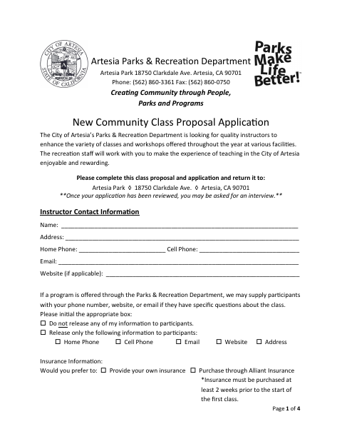First page of the New Community Class Proposal Application