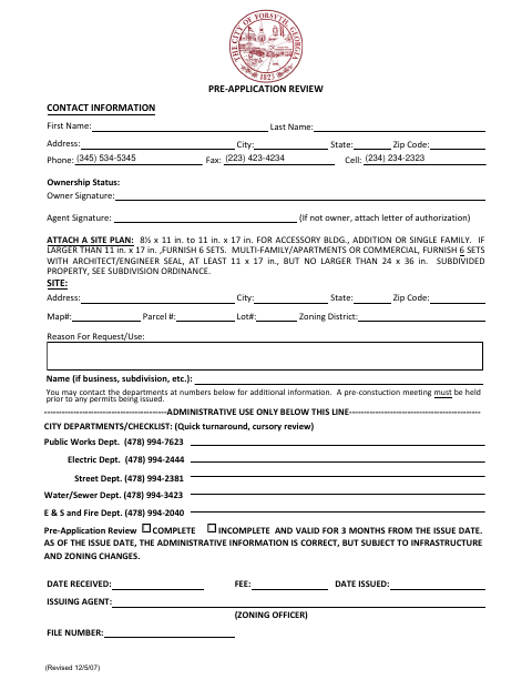 First page of the Pre-Application Review