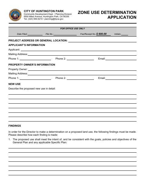 First page of the Zone Use Determination Application