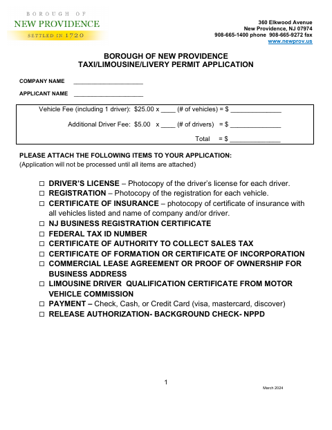 First page of the Taxi Limousine Livery Permit Application