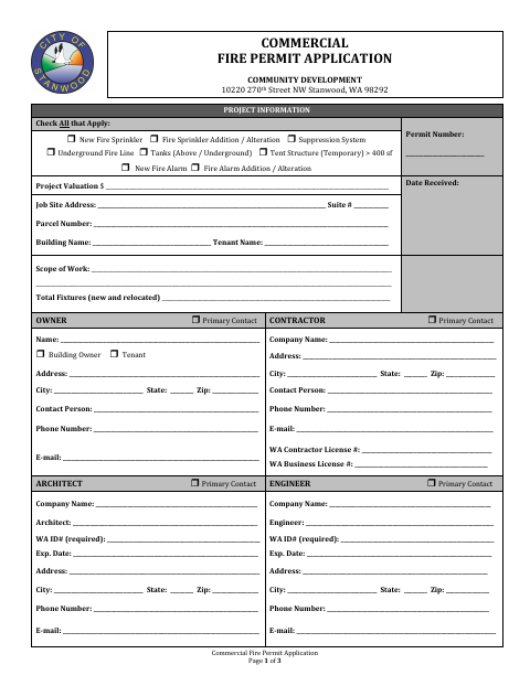 First page of the Commercial Fire Permit Application