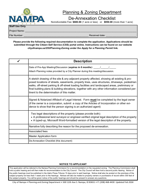 First page of the De-Annexation Checklist and Application