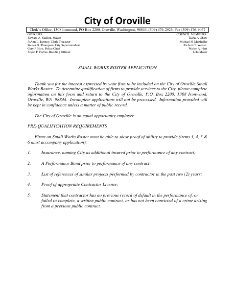 First page of the Small Works Roster Application