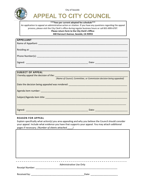 First page of the City Council Appeal Application