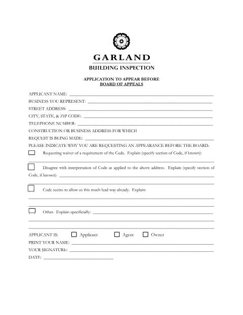 First page of the Application to Appear Before Board of Appeals