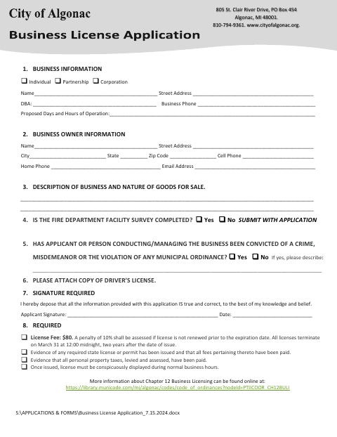 First page of the Business License Application