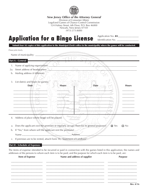 First page of the Bingo License Application