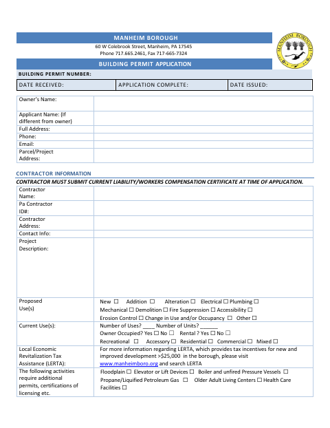 First page of the Building Permit Application