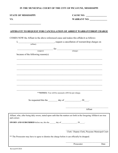 First page of the Affidavit to Request Warrant Cancellation or Charge Dismissal