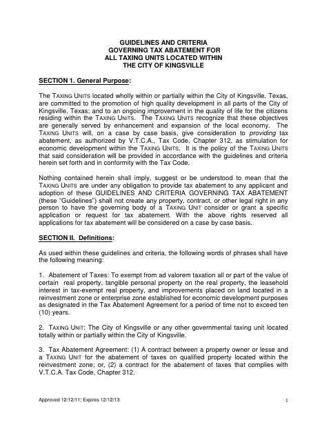First page of the Tax Abatement Guidelines and Application