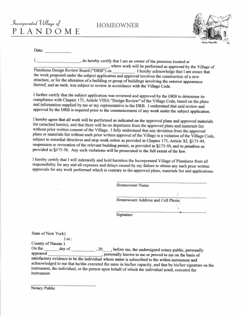 First page of the Homeowner Design Review Affidavit