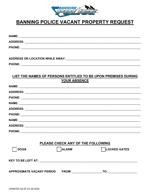 First page of the Police Vacant Property Request
