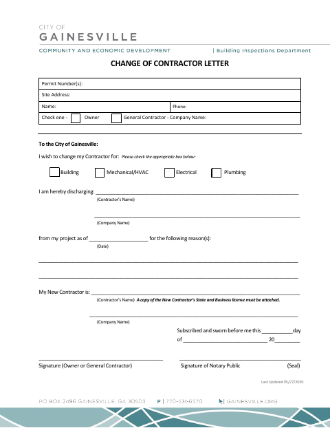 First page of the Change of Contractor Letter