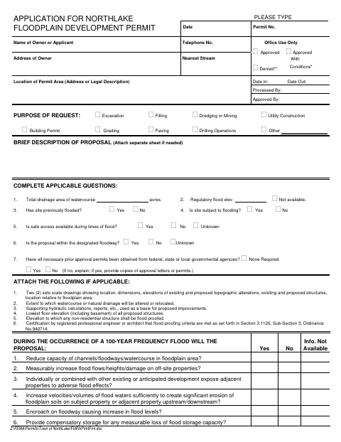 First page of the Application for Northlake Floodplain Development Permit