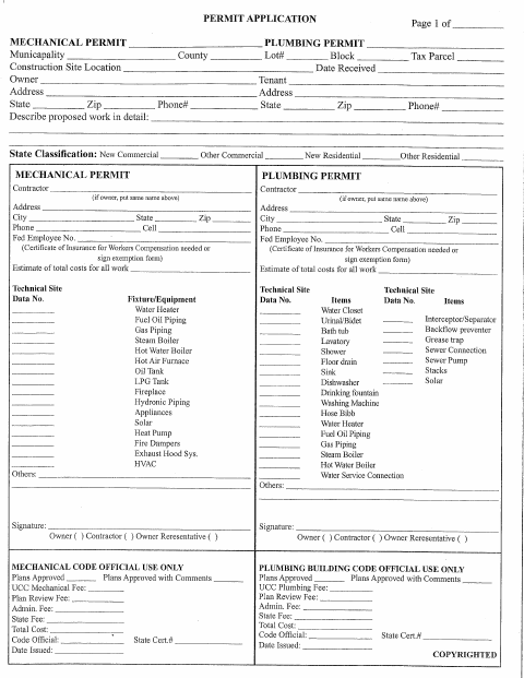 First page of the Mechanical and Plumbing Permit Application