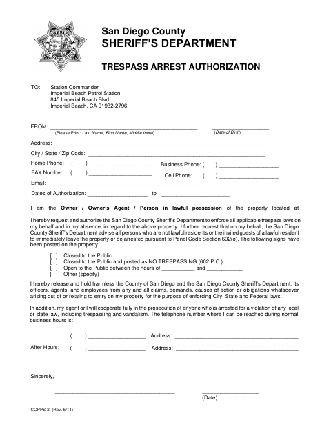 First page of the Sheriff Trespass Arrest Authorization