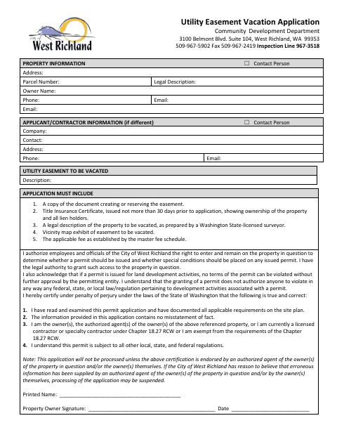 First page of the Utility Easement Vacation Application