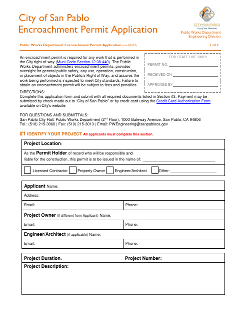 First page of the Encroachment Permit Application