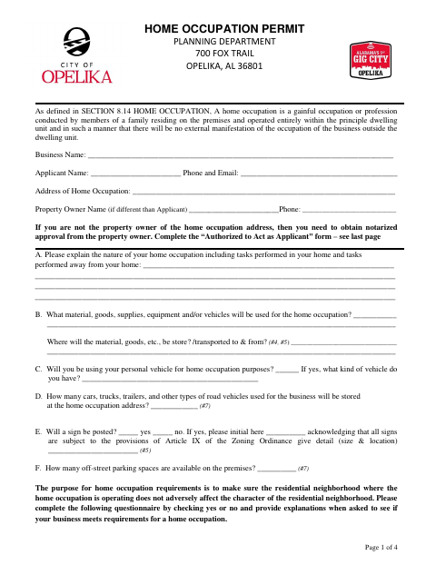 First page of the Home Occupation Permit Application