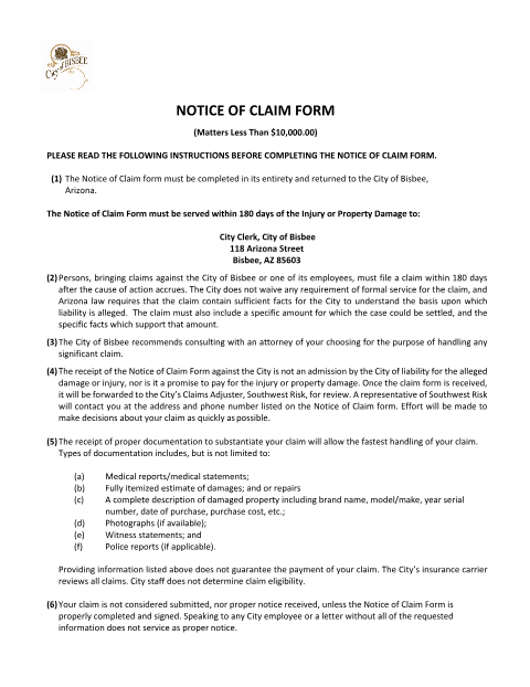 First page of the Notice of Claim Form