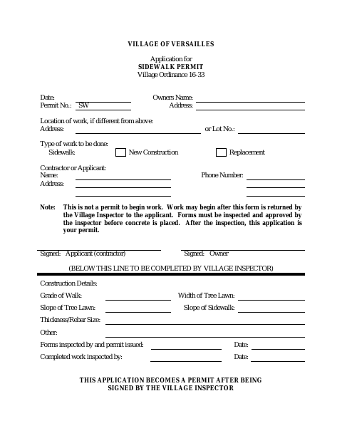 First page of the Sidewalk Permit Application