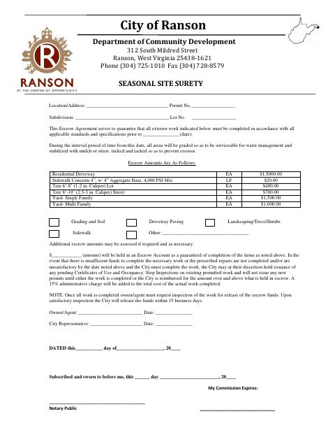 First page of the Seasonal Site Surety