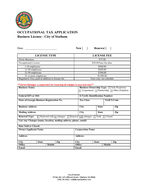 First page of the Occupational Tax Business License Application