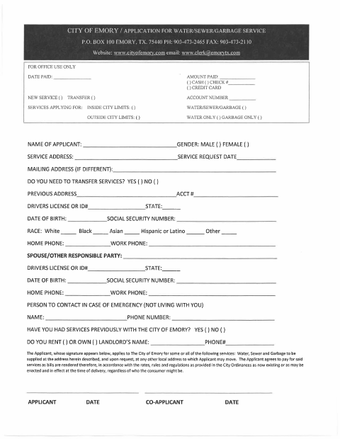 First page of the Water/Sewer/Garbage Service Application