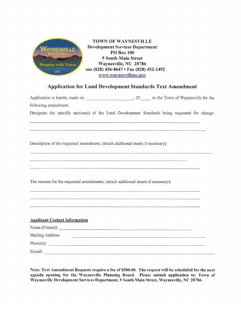 First page of the Land Development Standards Text Amendment Application