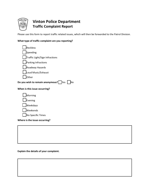 First page of the Traffic Complaint Report
