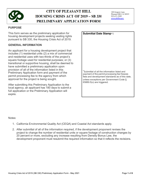 First page of the Housing Crisis Act of 2019 (SB 330) Preliminary Application Form