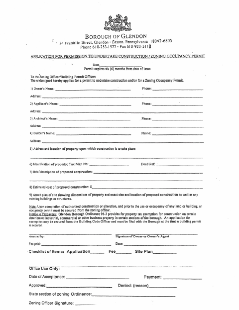 First page of the Application for Construction and Zoning Occupancy Permit