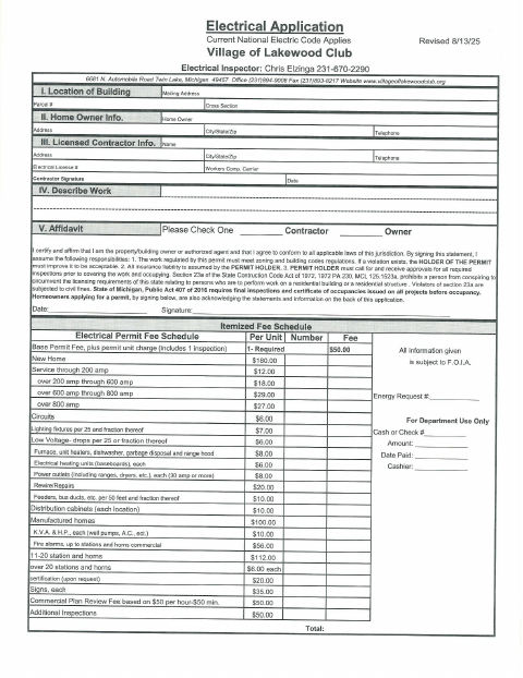 First page of the Electrical Permit Application