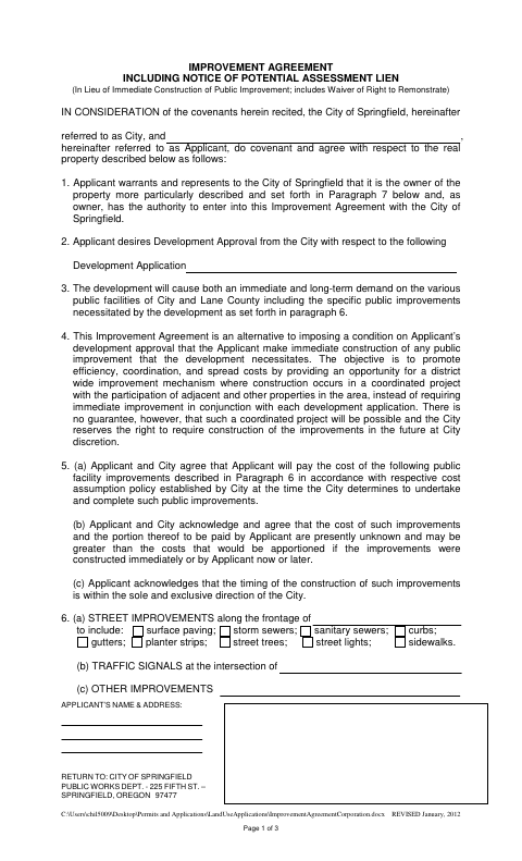 First page of the Improvement Agreement for Corporations