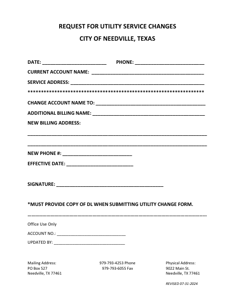 First page of the Request for Utility Service Changes