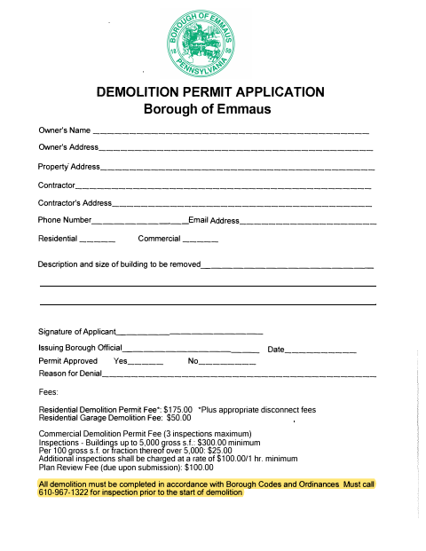 First page of the Demolition Permit Application