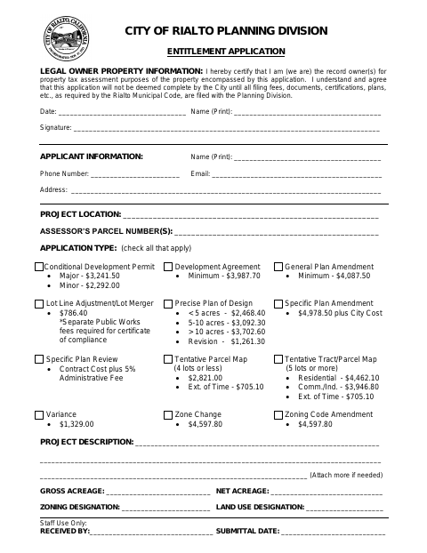 First page of the Planning Division Entitlement Application