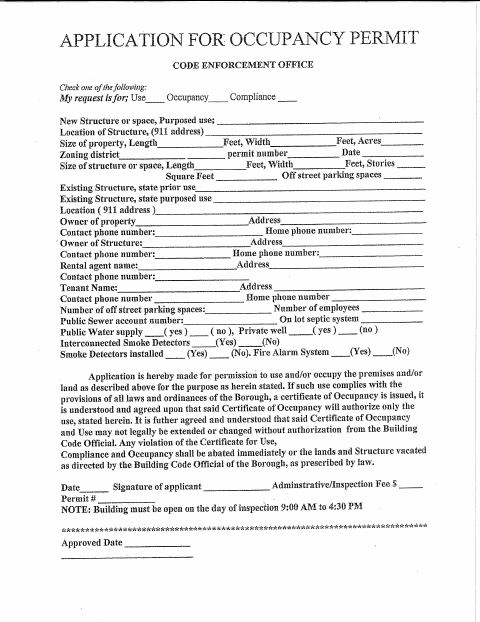 First page of the Application for Occupancy Permit