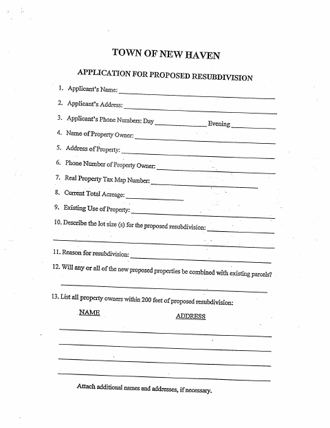 First page of the Application for Proposed Resubdivision