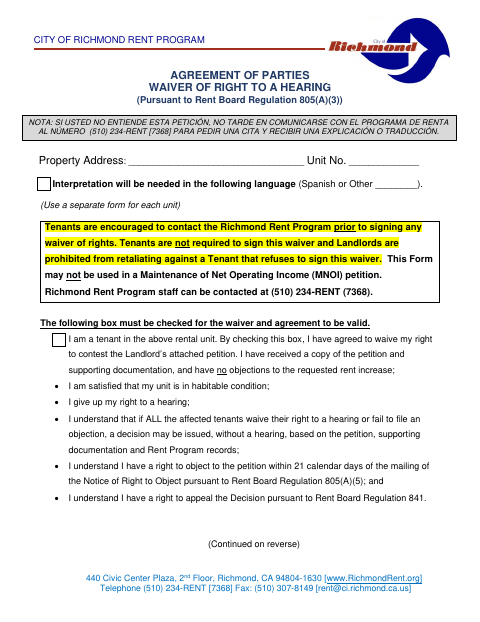 First page of the Agreement of Parties Waiver of Right to a Hearing